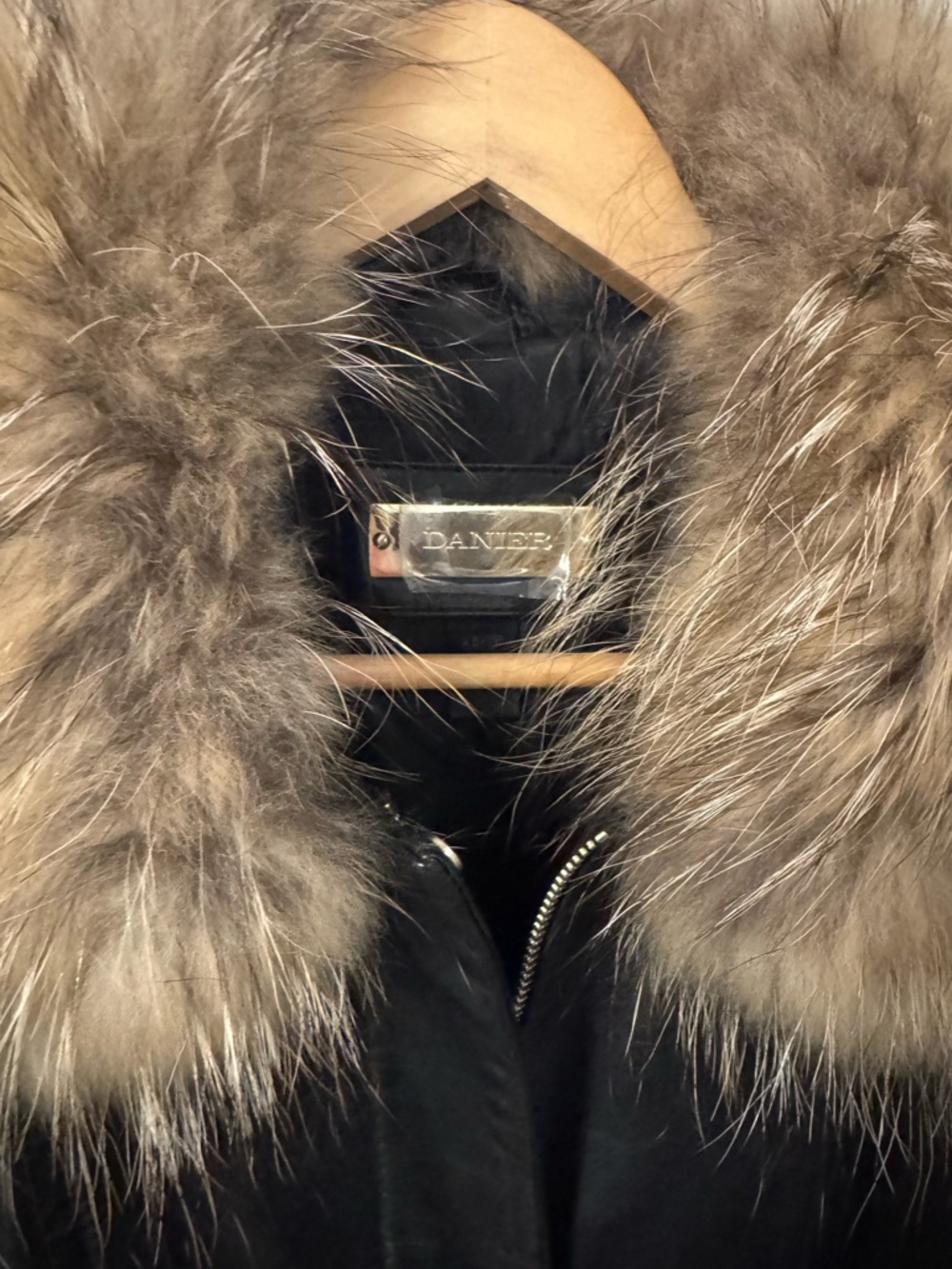 Danier Black Puffer Coat with Brown Fur Hood Trim
